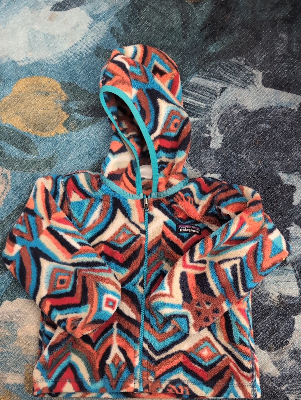 Patagonia Kids Multicolor Geometric Fleece Hoodie - Teal, Orange, Brown